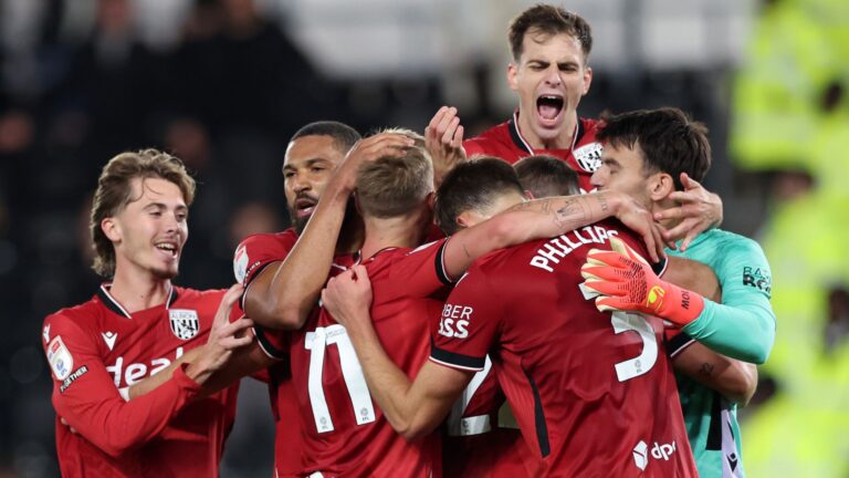 West Brom win with 10 men at Derby to move top of Championship